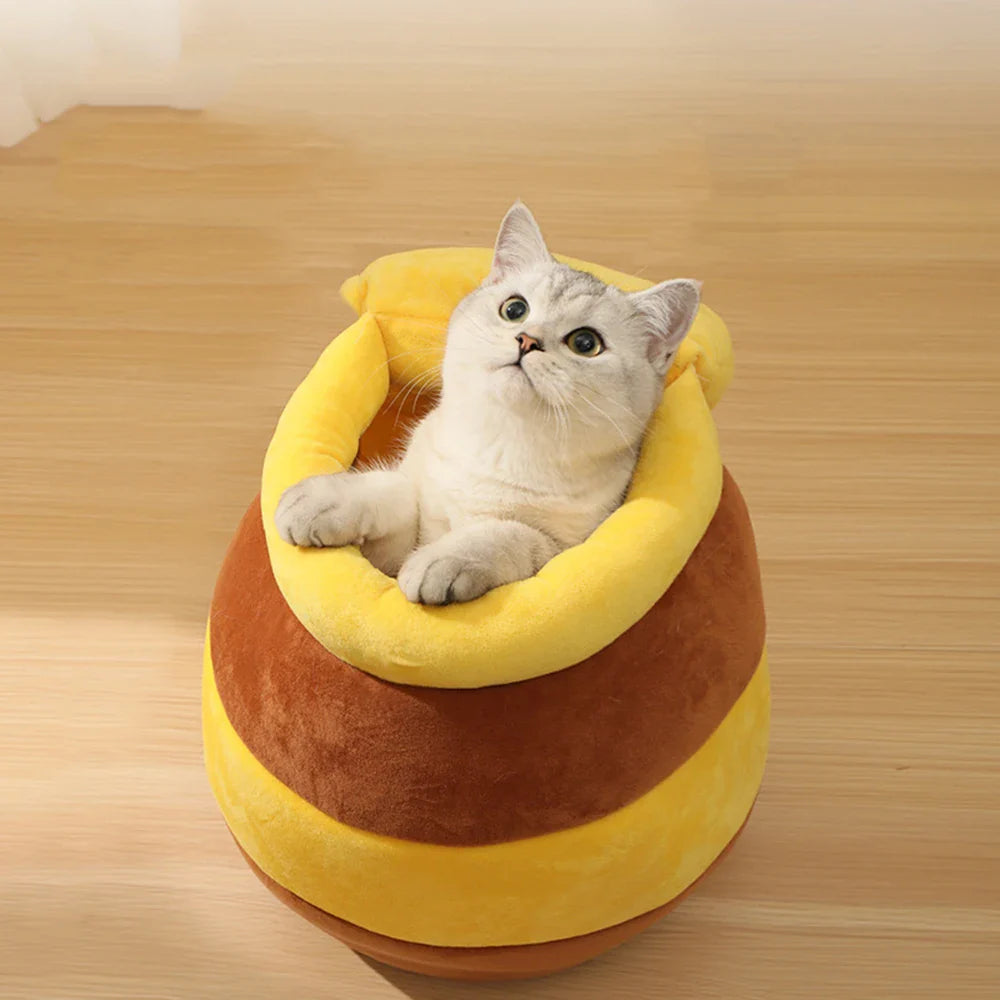Adorable Honey Jar Theme Cat Bed - Soft & Silly Cat Or Dog House
