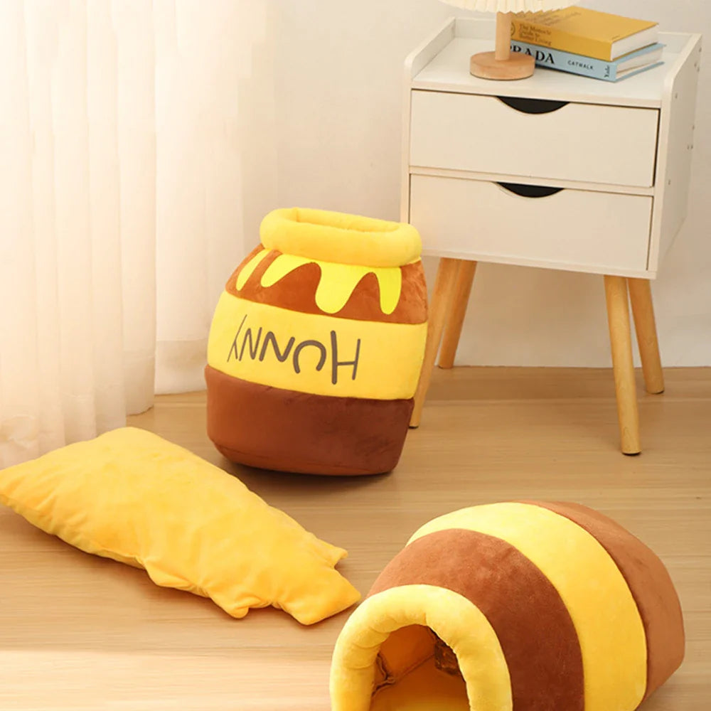 Adorable Honey Jar Theme Cat Bed - Soft & Silly Cat Or Dog House