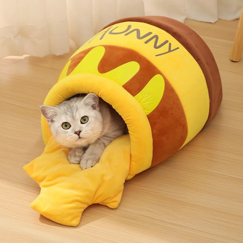 Adorable Honey Jar Theme Cat Bed - Soft & Silly Cat Or Dog House